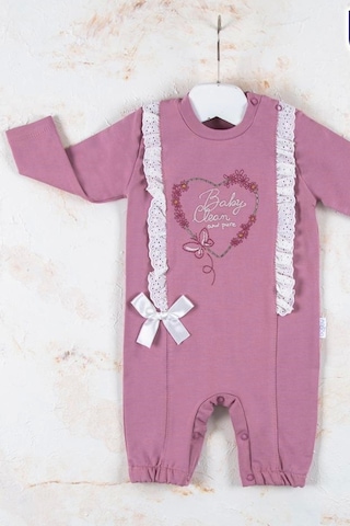 Baby Donat Love Kalp Nakışlı % 100 Pamuk Kız Bebek Tulumu Mor