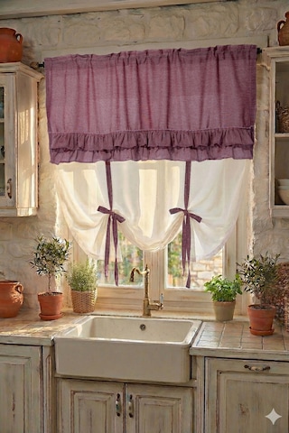 Country Style Potlu Perde Çift Fırfırlı Bordo