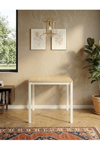 Kompakt Yemek Masası 72x88 Cm Beyaz Metal Gövde & Ahşap Desenli Üst Tabla