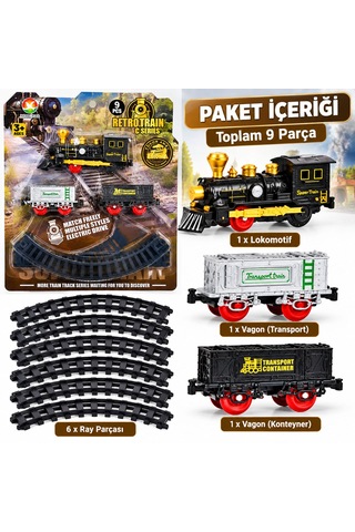 Klasik Pilli 9 Parça Tren Locomotıve Konteyner Ve Transport Vagonlu Oyuncak Seti