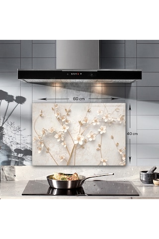 Decorita Cam Ocak Arkası Koruyucu| Beyaz Çiçek-Gold | 40cm x 60cm