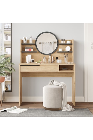 Paris Makyaj Masası Aynalı Raflı Çekmeceli Sepet-antrasit