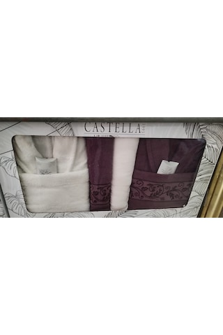 Castella 8 Parça %100 Pamuk Kutulu Çeyizlik Aile Bornoz Seti Bornoz Takımı Çeyiz Set Beyaz - Fuşya