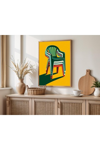 Retro Plastik Bahçe Sandalyeleri Sanat Baskısı Orta Çağ Modern Pop Art Hardal Sarısı Serigrafi Baskı Açık Ahşap