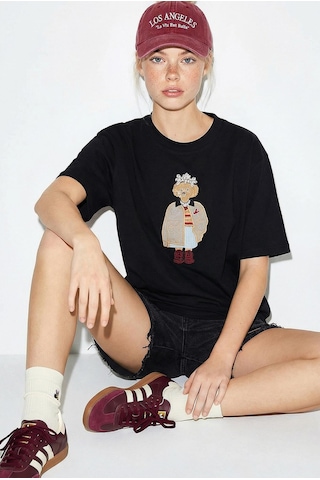 Shade Kadın Köpek Nakışlı Taş İşlemeli Relaxed Fit Pamuk T-shirt 1077 60286067 - Siyah L
