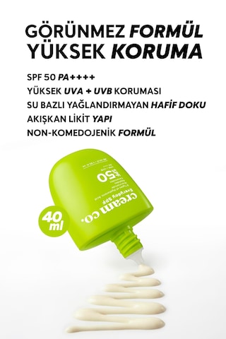 Cream Co. Niasinamid Hyalüronik Asit Peptit Seramid İçerikli Leke Karşıtı Aydınlatıcı ve Nemlendirici Güneş Kremi SPF50 40 ML