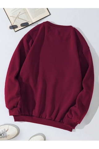 Unisex Oversize Bisiklet Yaka Basic Düz Sweatshirt - Bordo