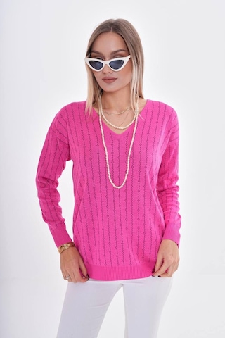 Kadın V Yaka Simli Kazak 12799 Bgl-st04107 Fuşya