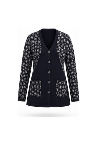 Onno Style Women Simli Leopar Desen Klasik Düğmeli Ceket Lacivert