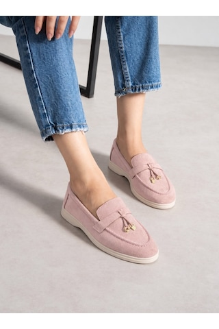 Dabab Shoes Lupy Kadın Pudra Süet Loafer Ayakkabı Gold Aksesuarlı Ortopedik Rahat Taban Casual Babet