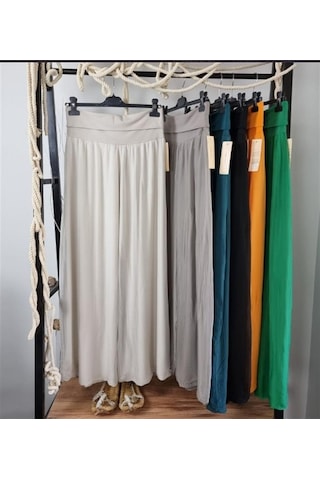 Bohem Stil İtalyan Yarasa Kol İpek Bluz & Pantolon Takım-8767 Bej