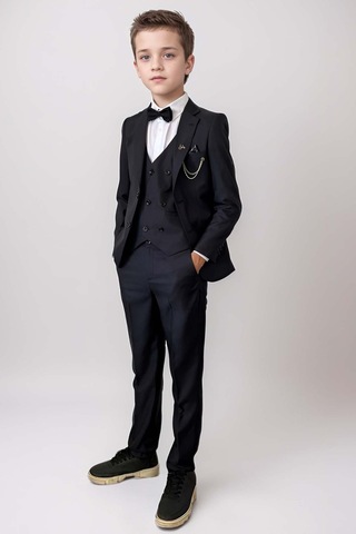 Riccotarz Blazer Ceketli Cepken Yelekli Erkek Çocuk Takım Elbise Siyah