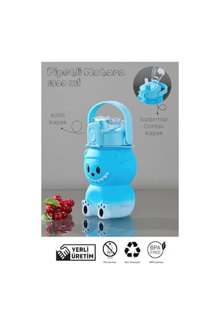 Labubu Suluk - 1000 Ml Taşınabilir Kulplu, Pipetli, Bpa Sız, Kilitli Ve Sızdırmaz Kapak - Mavi MAvi