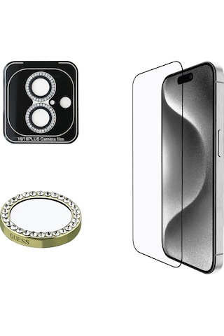 Apple Uyumlu iPhone 16 Plus Guess Lisanslı Ekran Ve Rhinestone Taşlı Lens Koruyucu 2'li Aksesuar Seti Gold