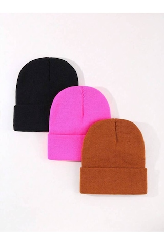 Eke Tekstil Unisex Katlamalı 3'lü Bere Seti Fuşya - Kiremit - Siyah