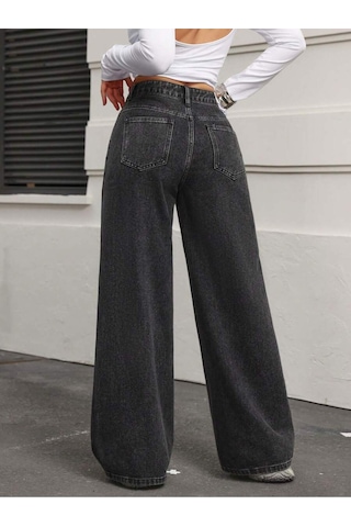 Koyu Füme Palazzo Pantolon Wide Leg Yüksek Bel Denim Jeans Gri