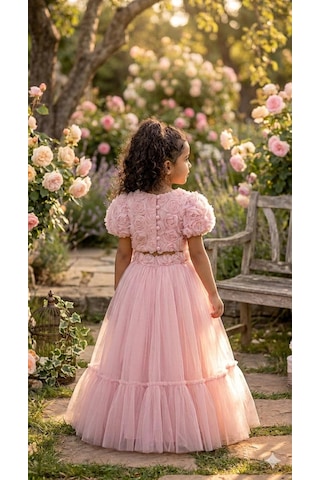 Star Kids Fashion Kız Çoçuk Pembe Güllü Detaylı Crop Elbise,kız Çoçuk Abiye Elbise