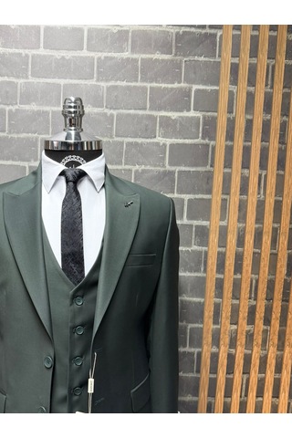 Dupont Classics Erkek Slim Fit 6 Drop Sivri Yaka Yelekli Poliviskon Çift Yırtmaç Takım Elbise Koyu Yeşil