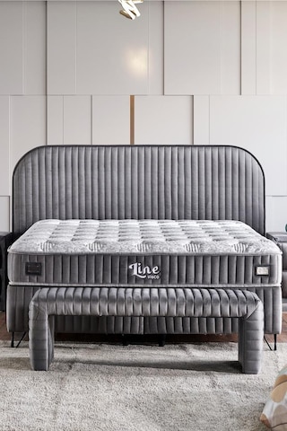 Line Visco Lüks Yatak Baza Ve Başlık Seti 140x190 Cm Çift Kişilik Yatak Baza Başlık Takımı Koyu Gri