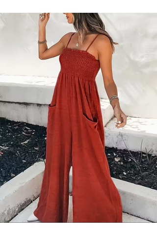 Gizers Giyim Kadın Ip Askılı Göğsü Lastik Detaylı Cepli Uzun Sofya Tulum Kırmızı