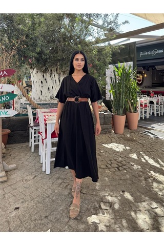 WeShaya Siyah Kruvaze Kemerli Midi Elbise Siyah