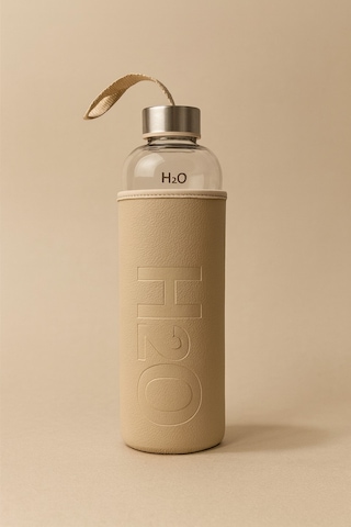 1000 Ml H2o Deri Kılıflı Cam Matara Krem
