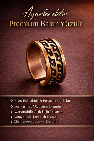 Erkek Bakır Yüzük Üstü Desenli Otanik Model Ayarlanabilir Erkek Yüzük - Model Bkr0016-yuz