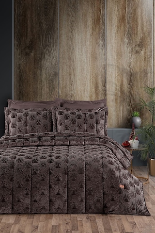 Lucianna Jakar Kadife Çift Kişilik Yatak Örtüsü Takımı Mürdüm Bej