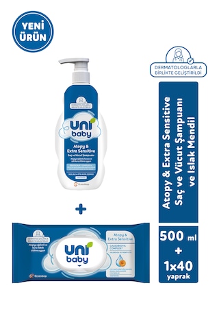 Uni Baby Atopy & Extra Sensitive Bebek Şampuanı 500 Ml + Bebek Islak Mendili 40'lı 2'li Set