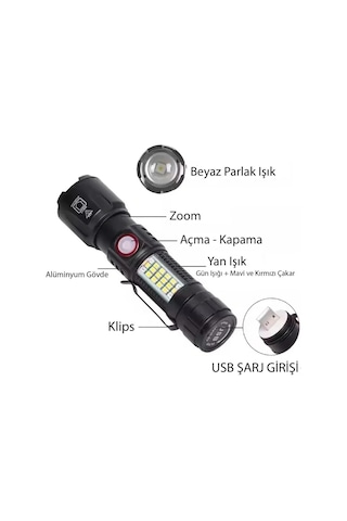 Ws-2828 Ultra Usb Şarjlı Polis El Feneri, Bekçi, Asker El Feneri Kırmızı Mavi Çakarlı 1000 Lümen 5264