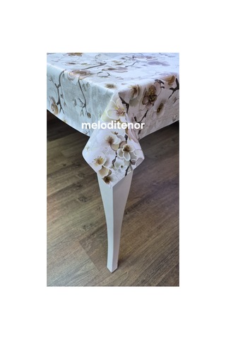 Bahar Dalı Pastel Krem Beyaz Çiçekli Astarlı Kaymaz Kolay Silinebilir Pvc Muşamba Masa Örtüsü Kahverengi , Krem , Beyaz