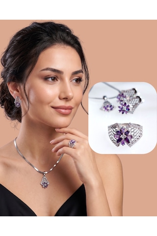 925 Ayar Gümüş Otantik Lotus Çiçek Tasarım Ametist Kadın Mücevher Set Kolye Küpe Yüzük