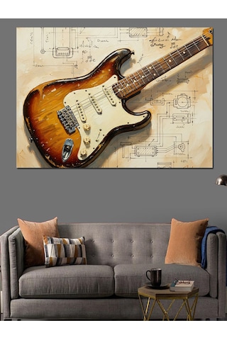 Gitar Ve Notalar Sanat Dekoratif Kanvas - Mdf Ahşap Tablo