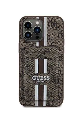 Apple Uyumlu iPhone 14 Pro Max Kılıf Guess Lisanslı Magsafe Özellikli 4g Desen Çizgili Kartlıklı Kapak Kahverengi