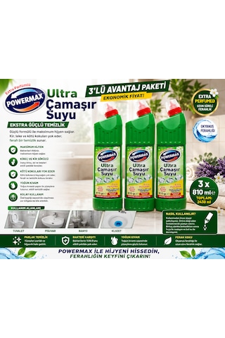 Powermax Ultra Çamaşır Suyu 810 Gr X3 Set Çok Amaçlı Temizlik Ürünü 3'lü Set