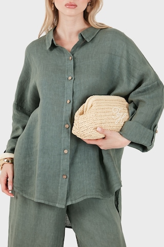 Via Dante % 100 Keten Oversize Yarı Transparan Gömlek Bayan Gömlek 7697 Haki