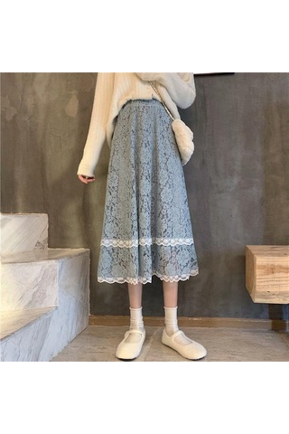 Sonbahar Ve Kış Yüksek Belli Dantel Etek Orta Boy Tüm Maç Düz Renk Çiçek Açık Mavi