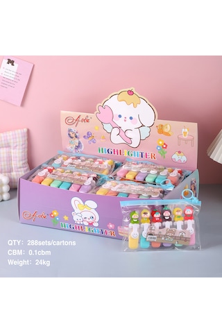 Sevimli Tatlım Mini Renkli Meyve Kızı Model, Göz Yormayan Fosforlu Kalem 6'lı Set Çok Renkli