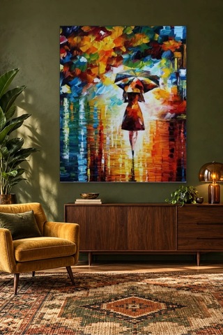 Fida Yağmurda Şemsiyeli Kadın Spatula Yağlı Boya Canvas Tablo Çok Renkli