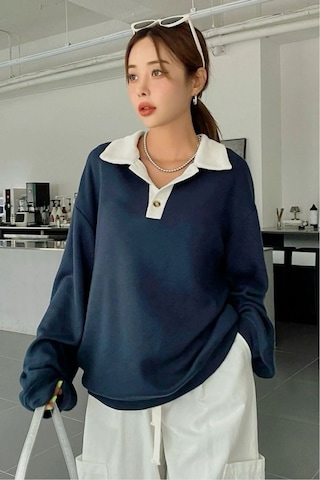 Nimas Kadın Oversize Polo Yaka 3 İplik Şardonlu Sweatshirt Lacivert - 675774194 Lacivert