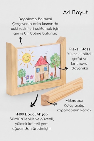 Çocuk Resim Çerçevesi, Resim Saklama Bölmeli, Mıknatıslı Kapaklı, A4 Boyutuna Uygun Ahsap