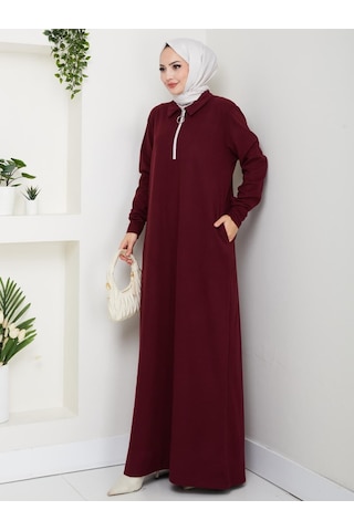Selanik Kumaş Yarım Fermuarlı Boydan Elbise 145 Cm Uzun Tesettür Elbise Bordo