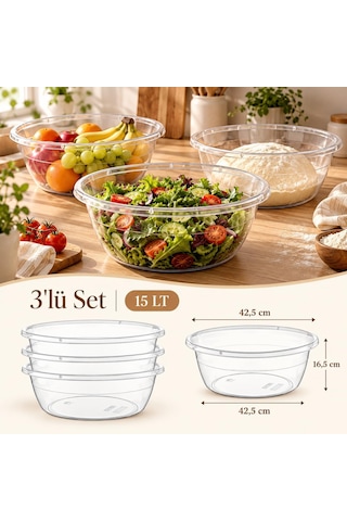 3'lü Şeffaf Karıştırma Ve Salata Kasesi Seti - 15 Litre Çok Amaçlı Hazırlık, Hamur Yoğurma Ve Sunum Kabı Çok Renkli