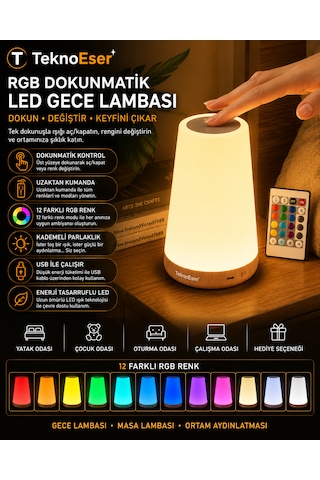 Rgb Dokunmatik Led Gece Lambası 12 Renkli Uzaktan Kumandalı Masa Lambası Ortam Aydınlatma Lambası Çok Renkli