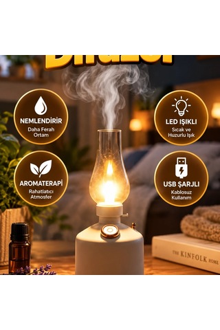 280 Ml Retro Gaz Lambası Tasarımlı Led Işıklı Usb Şarjlı Aroma Difüzör Ve Nemlendirici