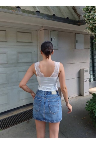 Kechi Woman Dalgıç Kumaş Dantel Detaylı Crop Beyaz