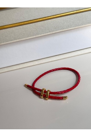 Kırmızı Deri Görünümlü Çift Dolamalı Çelik Detaylı Bileklik Unisex Tasarım Kırmızı