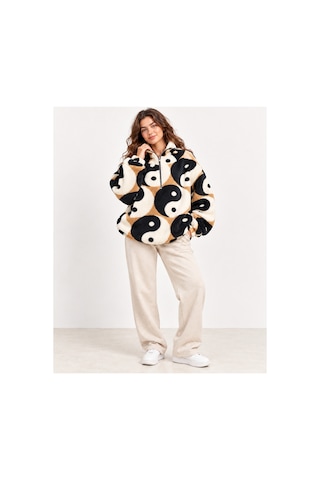 Nova Earth Art Kadın Desenli Yarım Fermuarlı Peluş Sweatshirt Siyah