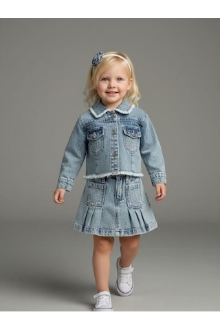 Zekids Kız Bebek Taşlı Cepli Pileli Jean Etek-16879 Mavi