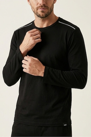 Elemge %100 Pamuk Süprem Uzun Kollu Pijama Üstü Erkek T-shirt Compact Penye Rahat Kalıp Tok Kumaş Siyah